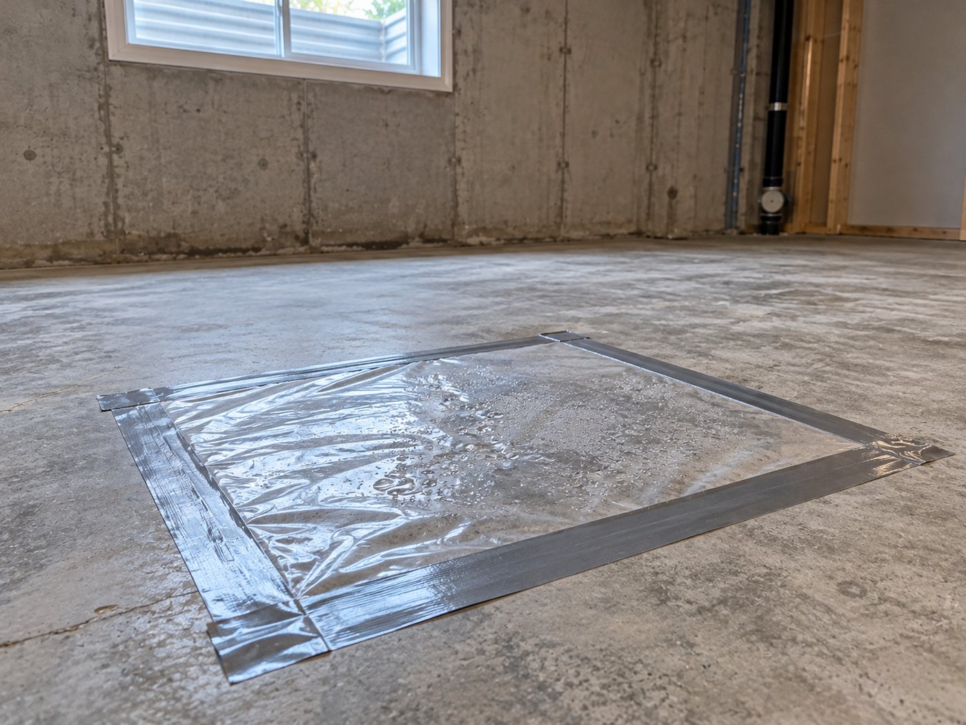 Clear plastic sheet taped to a bare basement concrete slab with condensation underneath, a moisture test before microcement