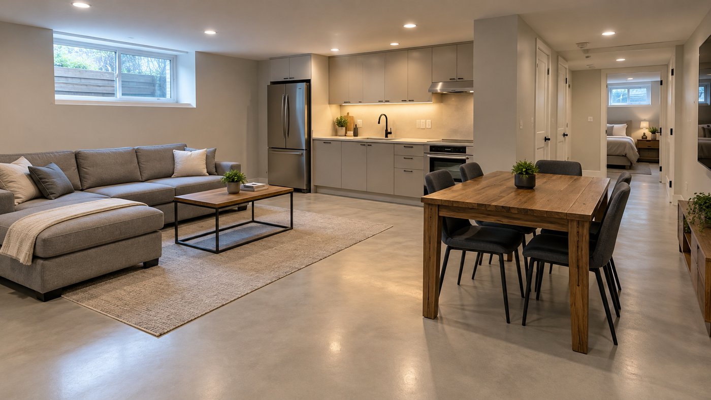 Basement rental suite with a seamless light grey microcement floor through the living room, kitchen and hallway