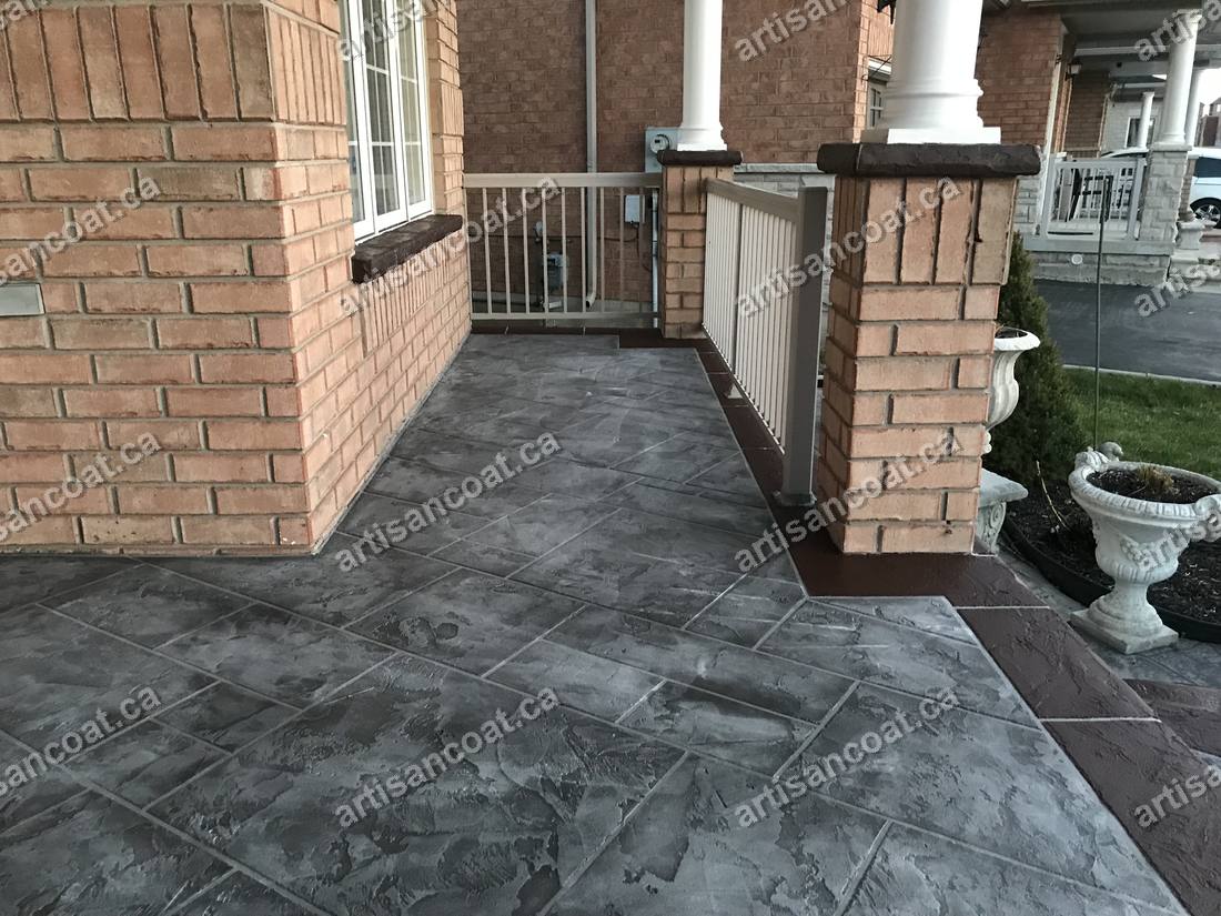 Grey stamped stone-look concrete porch floor after resurfacing Brampton