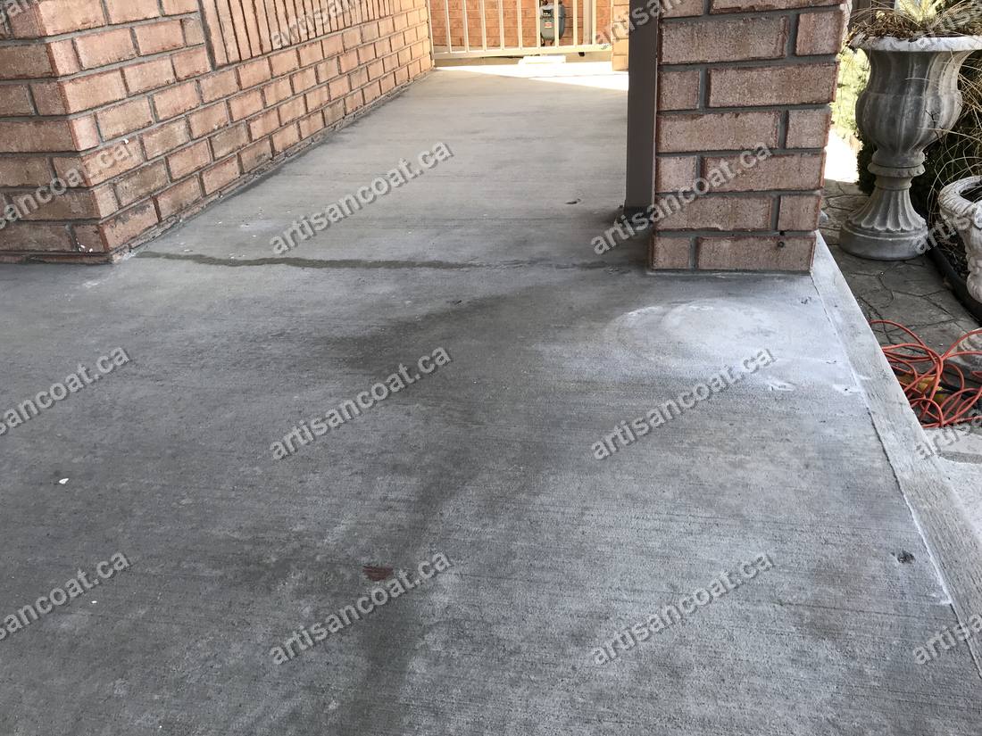 Worn plain concrete covered porch floor before resurfacing Brampton