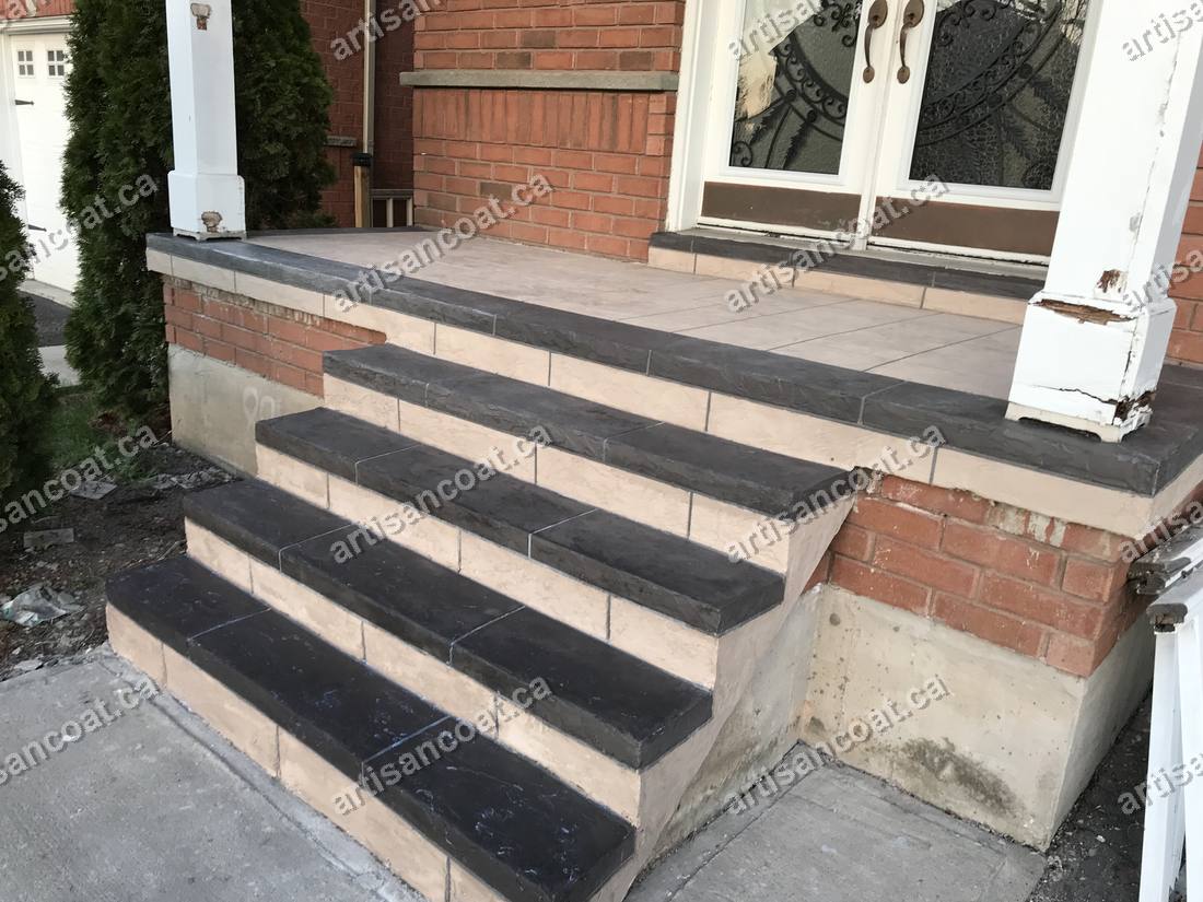 Charcoal decorative concrete front steps after resurfacing Brampton