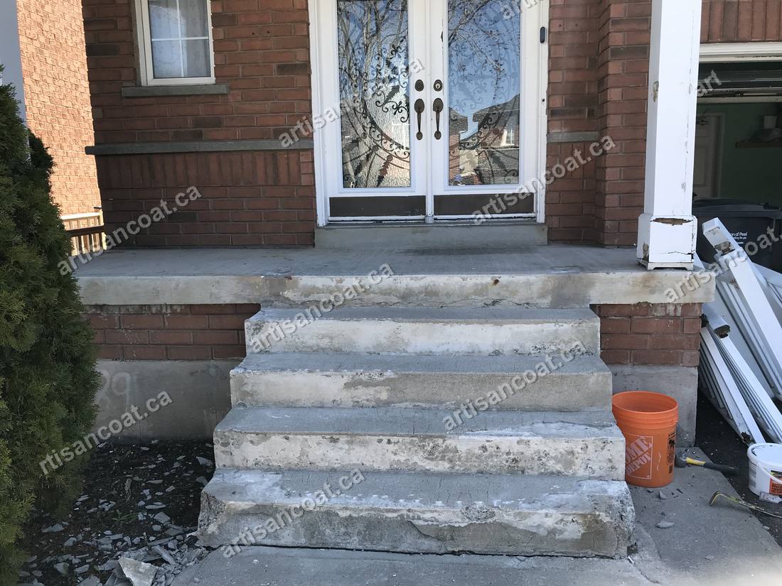 Worn cracked front entrance steps before resurfacing Brampton