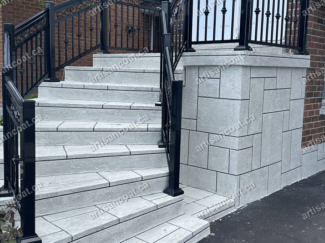 Grey stone-look decorative concrete steps after resurfacing Etobicoke