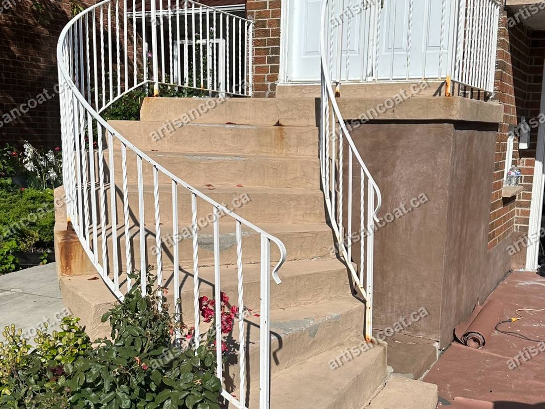 Worn curved concrete front steps before resurfacing Etobicoke