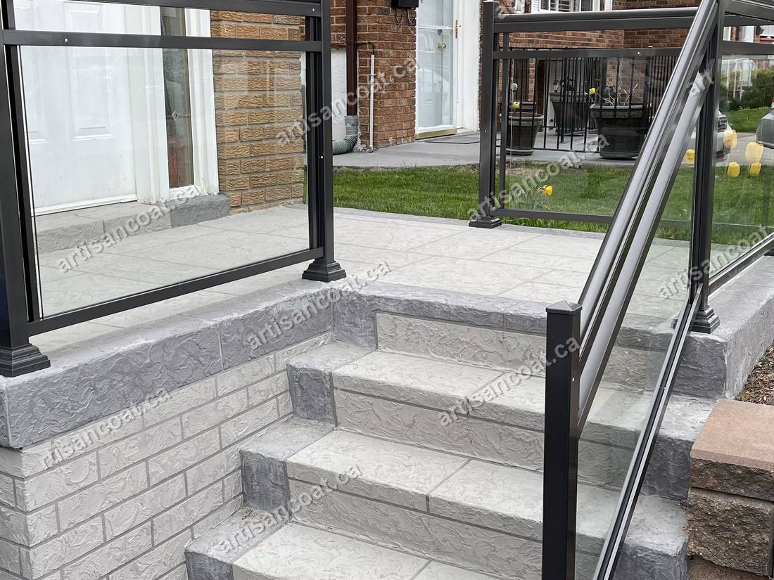 Decorative concrete front entry steps with railing GTA