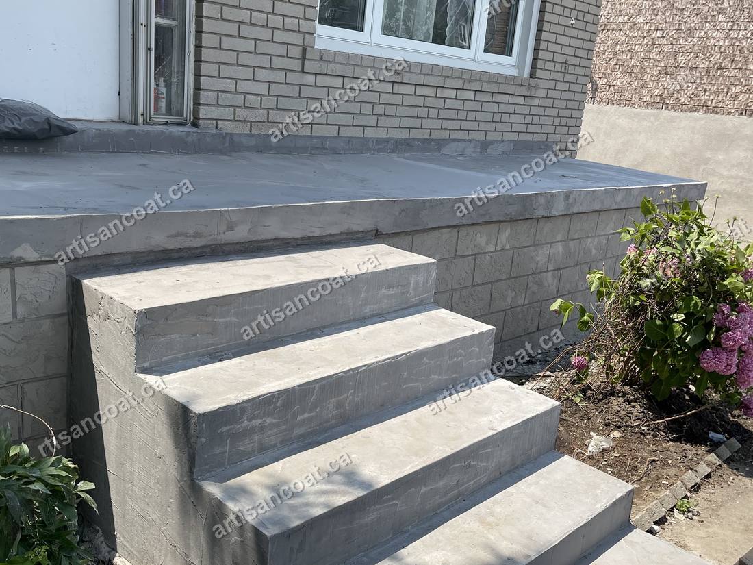 Worn dark steps before concrete resurfacing GTA