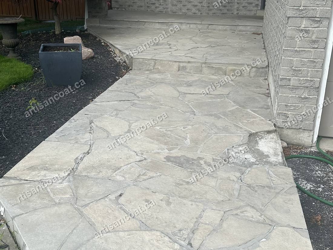 Cracked uneven flagstone walkway before concrete resurfacing Markham