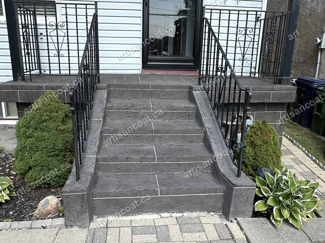Charcoal decorative concrete front porch steps after resurfacing Toronto