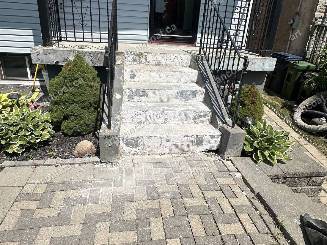 Worn crumbling front porch steps before resurfacing Toronto