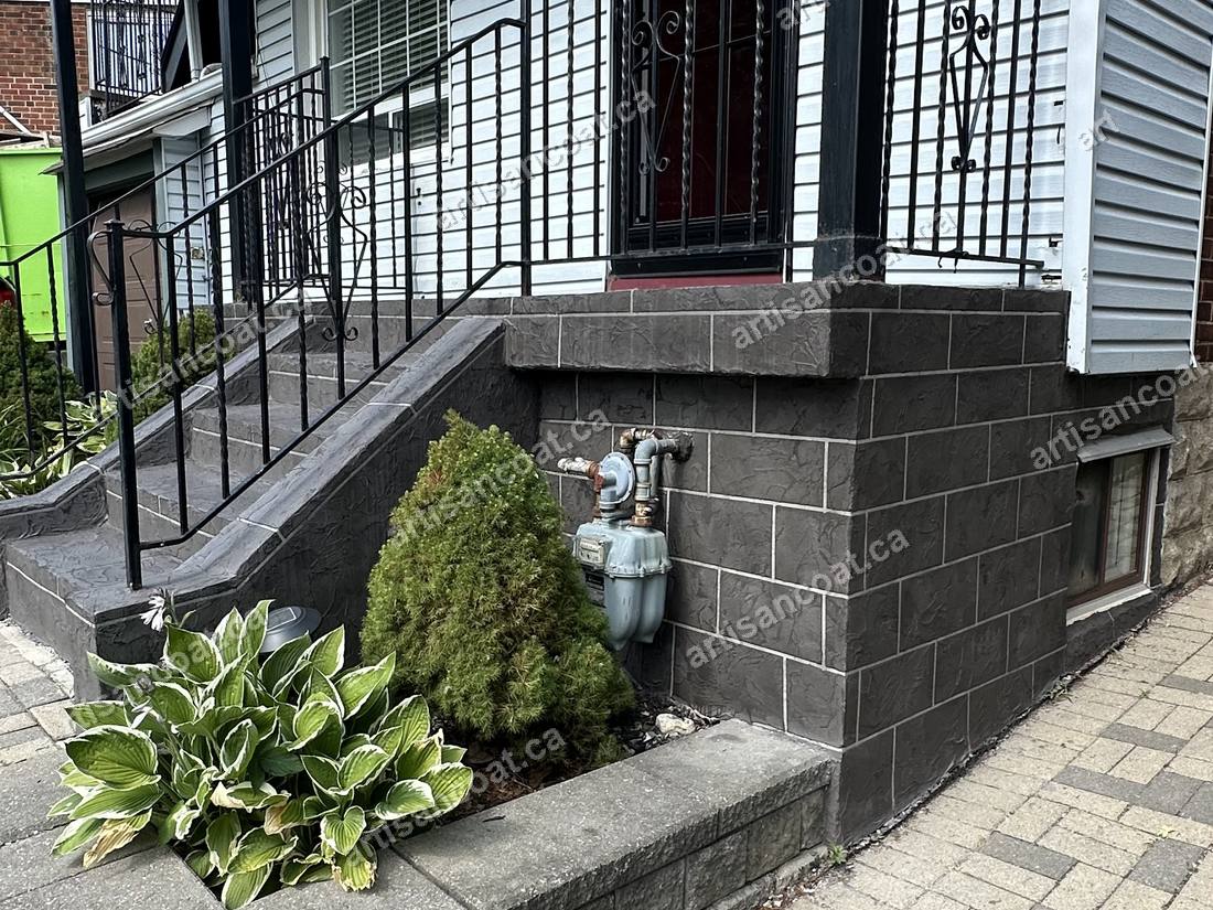 Charcoal decorative concrete front entrance steps after resurfacing Toronto