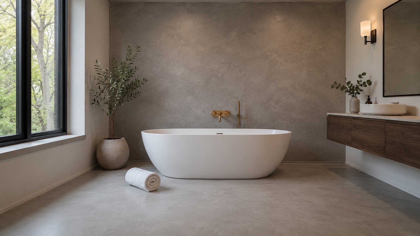 Seamless microcement bathroom with walls and floor in one continuous finish, no grout lines — microcement over tile in Toronto