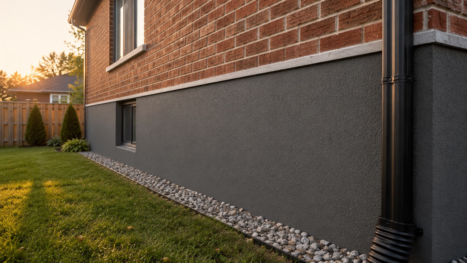 Completed foundation parging in modern charcoal finish on a Toronto residential home