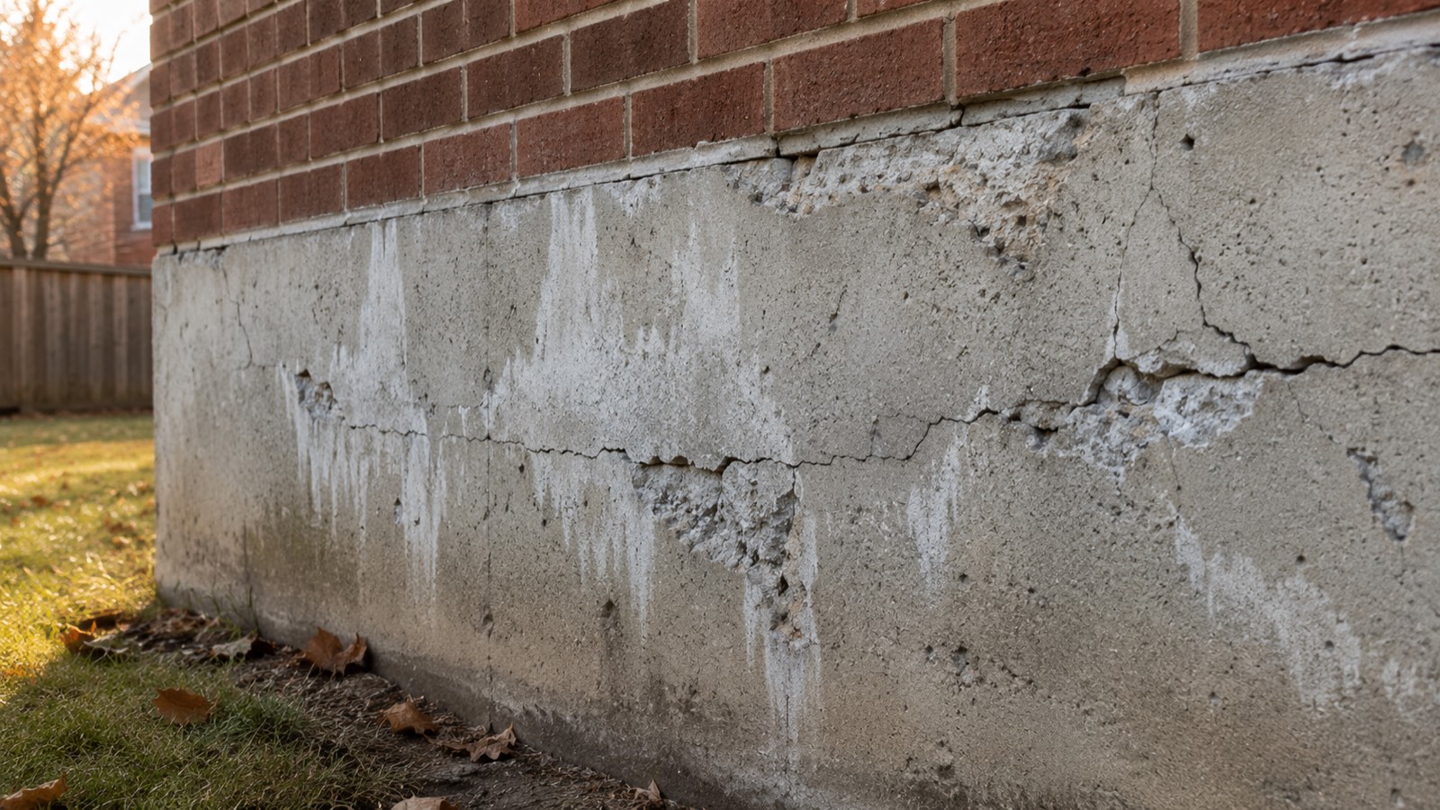 Cracked and flaking foundation parging on a Toronto home — typical damage before repair