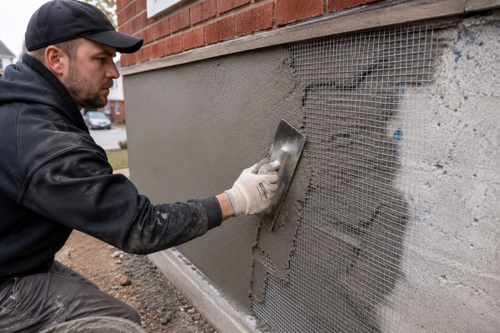 Artisan Coat craftsman applying polymer-modified parging mortar over reinforcement mesh to a Toronto foundation