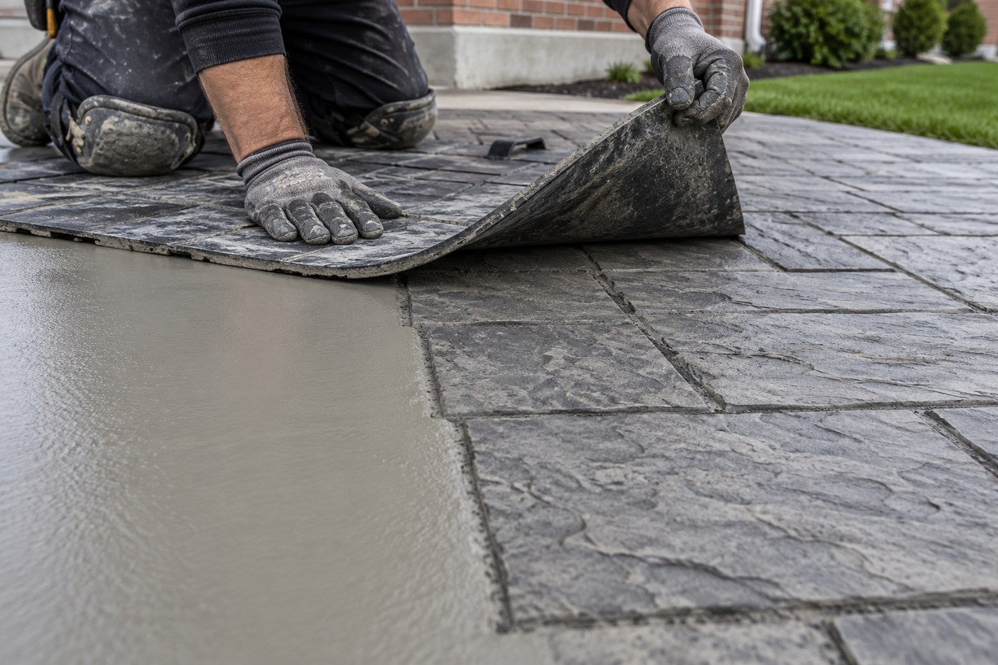 decorative concrete overlay being stamped during application on a GTA walkway